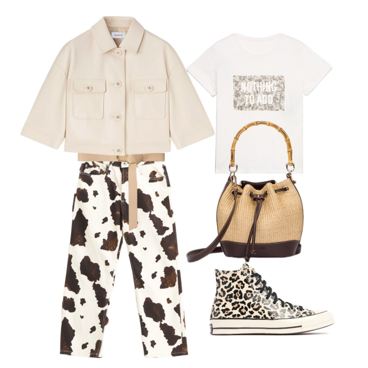 Outfit donna - Sporty Animalier. Stile Trendy per Tutti i giorni. Abbinamento con pantaloni, blazer, borse a secchiello, sneakers, cinture, t-shirt.