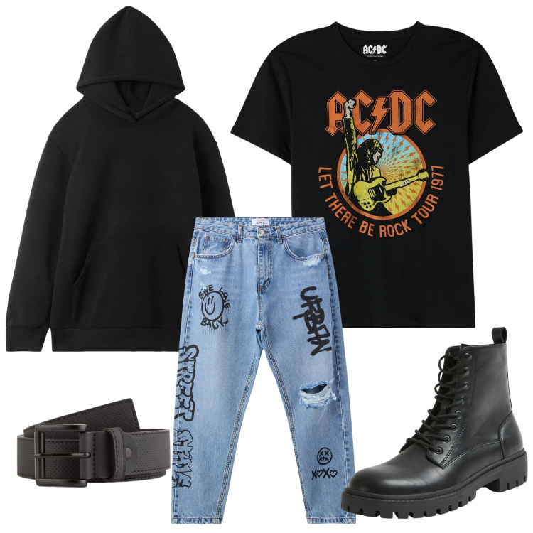 Outfit uomo - Are you ready to rock?. Stile Casual per Tutti i giorni. Abbinamento con t-shirt, jeans strappati, maglieria, anfibi, cinture.
