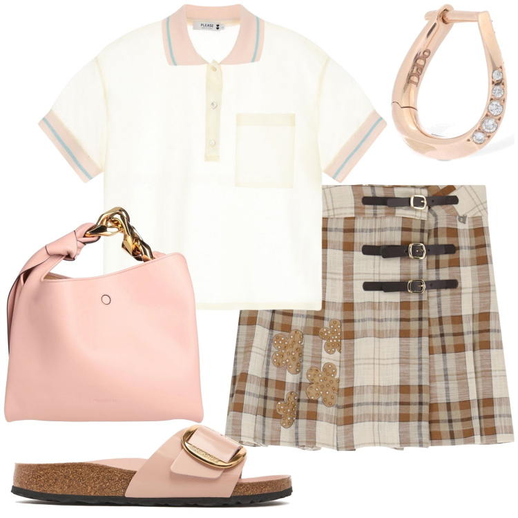 Outfit donna - Romanticismo in kilt. Stile Preppy per Tutti i giorni. Abbinamento con borse a mano, polo, minigonne, orecchini, sandali in pelle.