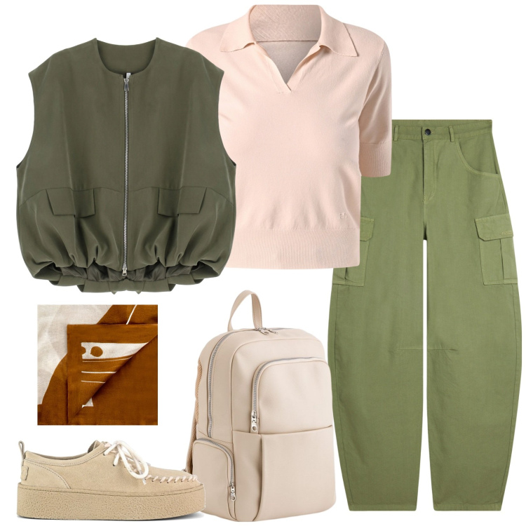 Outfit donna - I cargo pants. Stile Mannish per Scuola/Università. Abbinamento con polo, sciarpe, blazer, pantaloni cargo, mocassini, zaini.