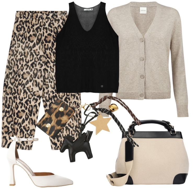 Outfit donna - Colori di terra. Stile Casual chic per Serata fuori. Abbinamento con top, pantaloni, décolleté, portachiavi, cardigans, borse a mano.