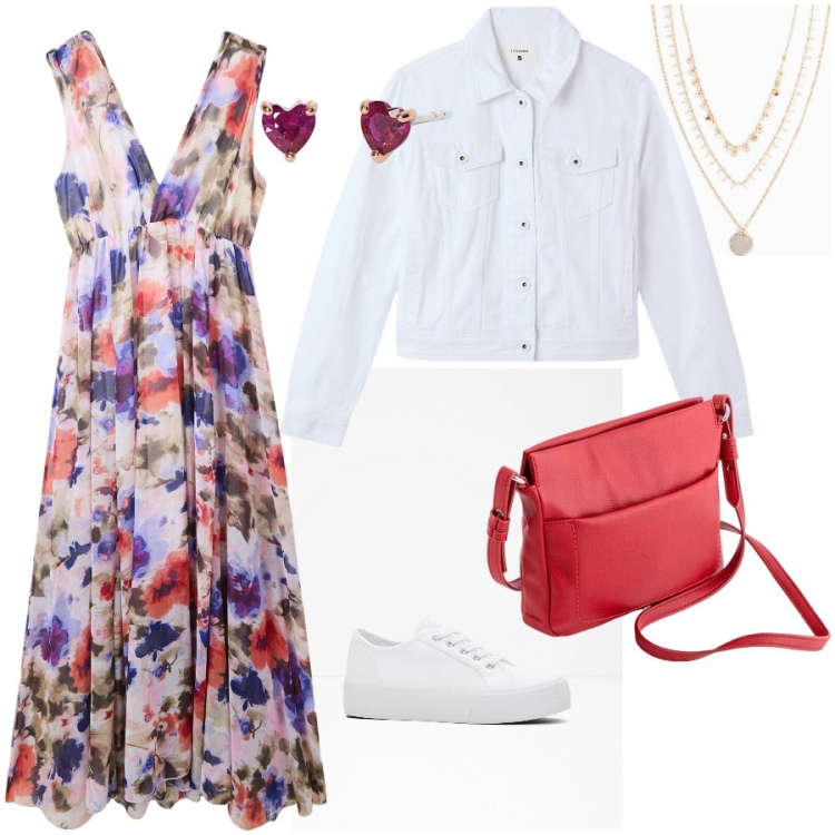 Outfit donna - Tempo libero. Stile Casual chic per Tutti i giorni. Abbinamento con collane, sneakers, vestiti lunghi, blazer, orecchini, borse a tracolla.