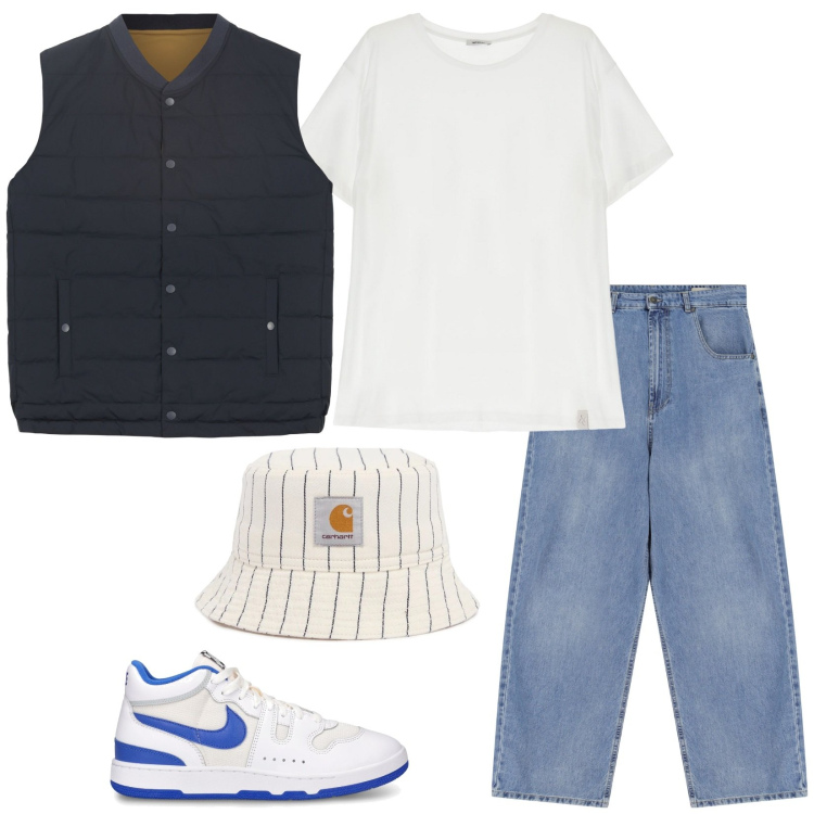 Outfit uomo - Very urban. Stile Urban per Tutti i giorni. Abbinamento con jeans, t-shirt, gilet, sneakers, cappelli.