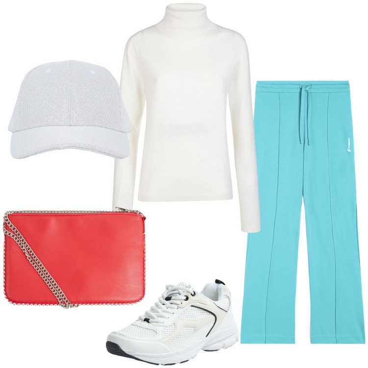 Outfit donna - Passeggiata tra il verde. Stile Sporty chic per Tutti i giorni. Abbinamento con borse a tracolla, cappelli con visiera, sneakers, pantaloni a palazzo, maglieria.