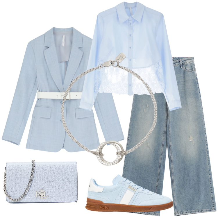 Outfit donna - Celeste. Stile Minimal per Tutti i giorni. Abbinamento con jeans, blazer, camicie, sneakers, braccialetti, borse a tracolla.