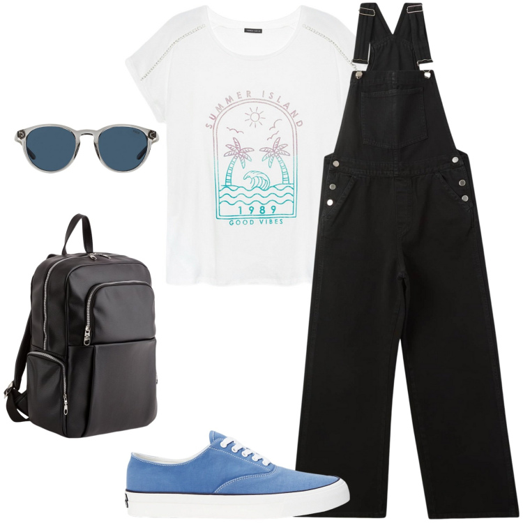 Outfit donna - Sportiva sempre.. Stile Casual per Tutti i giorni. Abbinamento con salopette, occhiali da sole, sneakers, zaini, t-shirt.