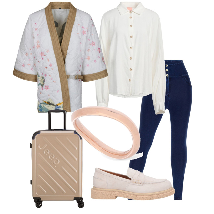 Outfit donna - Un kimono per viaggiare. Stile Etnico per Tutti i giorni. Abbinamento con camicie, mocassini, kimono, jeggings, anelli, valigie.