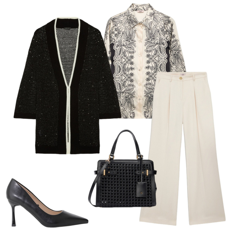 Outfit donna - In ufficio. Stile Casual chic per Ufficio. Abbinamento con décolleté, cardigans, camicie, pantaloni a palazzo, borse a mano.