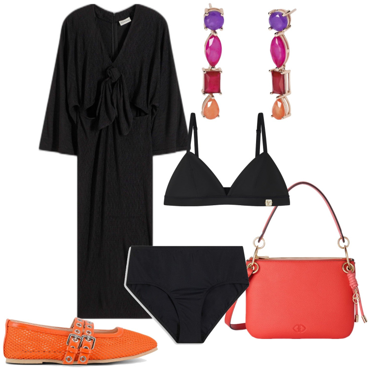 Outfit donna - Nero e arancione. Stile Urban per Tutti i giorni. Abbinamento con culotte, vestiti midi/longuette, orecchini, reggiseni, ballerine, borse a tracolla.