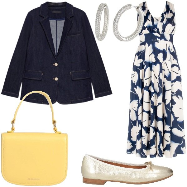 Outfit donna - Stampe floreali rivisitate. Stile Glamour per Serata fuori. Abbinamento con ballerine, borse a mano, orecchini, vestiti lunghi, blazer.