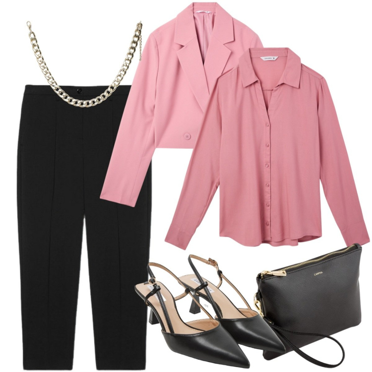 Outfit donna - Total look #2102622. Stile Mannish per Serata fuori. Abbinamento con blazer, sabot, collane, camicie, pochette, pantaloni.