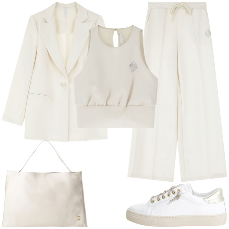 Outfit donna - Completo total White by Imperial. Stile Casual per Tutti i giorni. Abbinamento con top, sneakers, blazer, pantaloni, borse a spalla.