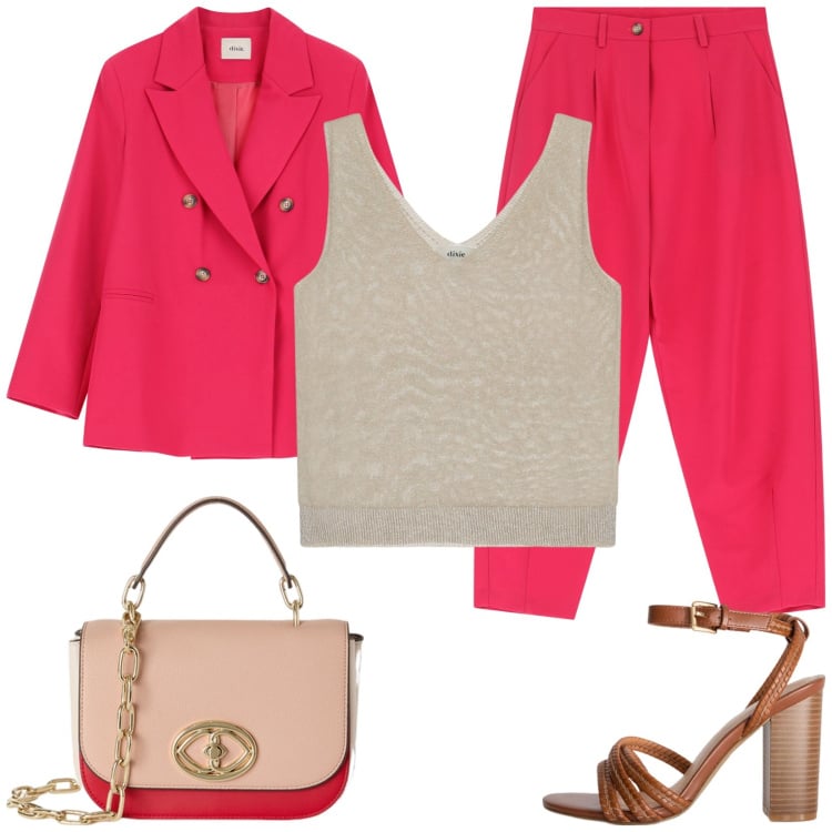 Outfit donna - Completo rosso per il giorno. Stile Casual chic per Tutti i giorni. Abbinamento con pantaloni, blazer, canottiere, sandali col tacco, borse a tracolla.