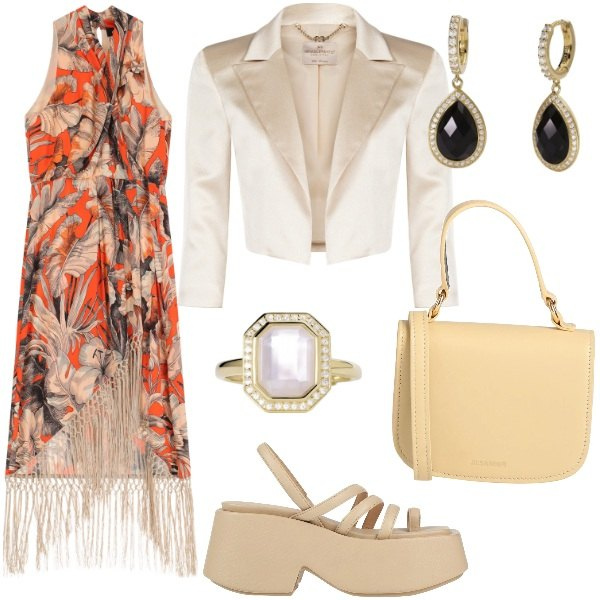 Outfit donna - Curvy Stampe floreali rivisitate. Stile Boho per Cerimonia. Abbinamento con borse a mano, ciabatte, orecchini, anelli, bolero, vestiti midi/longuette.