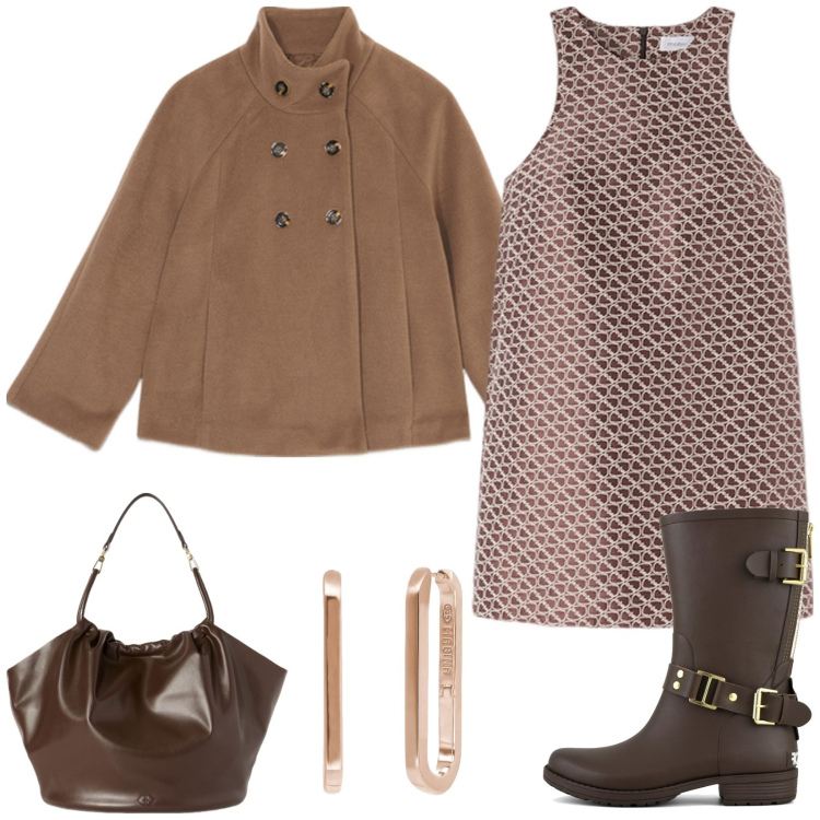 Outfit donna - Abito smanicato e cappa. Stile Casual chic per Tutti i giorni. Abbinamento con orecchini, stivali, vestiti corti, cappe, borse a secchiello.