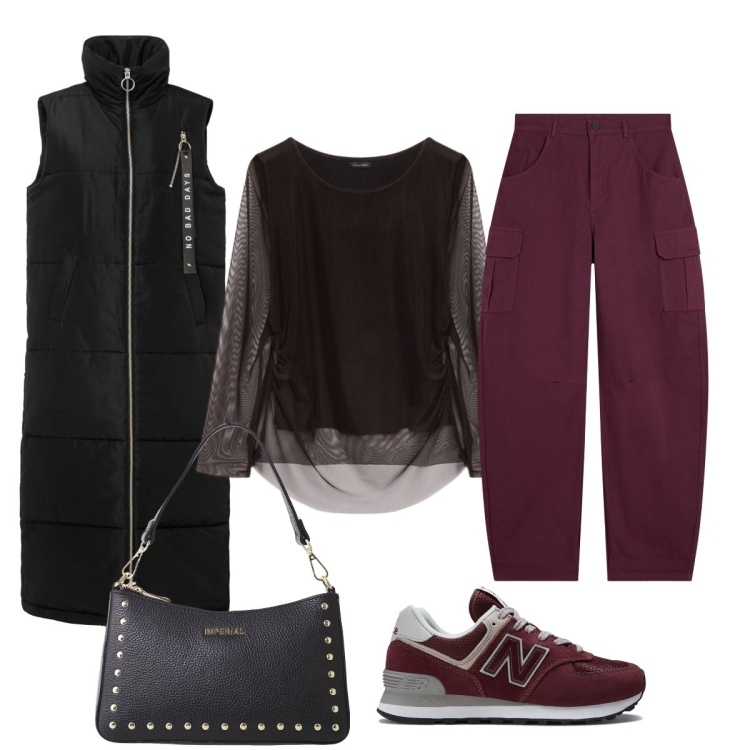 Outfit donna - Nuovo minimalismo. Stile Minimal per Tutti i giorni. Abbinamento con gilet, sneakers, borse a spalla, pantaloni cargo, t-shirt.
