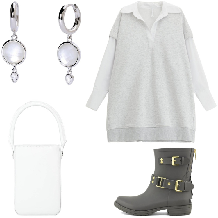 Outfit donna - Mini dress. Stile Casual per Tutti i giorni. Abbinamento con borse a mano, orecchini, vestiti corti, stivali.