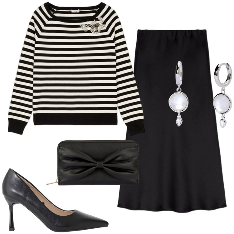 Outfit donna - Alla scrivania. Stile Casual chic per Ufficio. Abbinamento con orecchini, décolleté, maglieria, gonne longuette, portafogli.