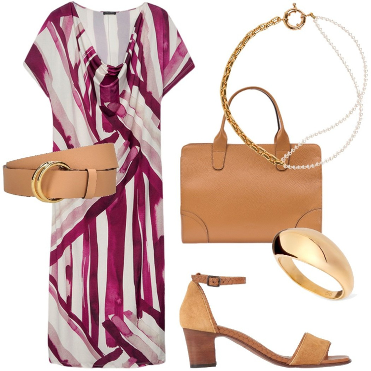 Outfit donna - Festa di famiglia. Stile Chic per Cerimonia. Abbinamento con sandali in pelle, vestiti lunghi, collane, cinture, anelli, borse tote.