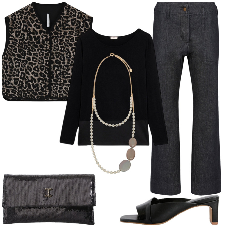 Outfit donna - Look da sera Easy. Stile Casual chic per Serata fuori. Abbinamento con borse a tracolla, gilet, pantaloni, collane, sabot, t-shirt.