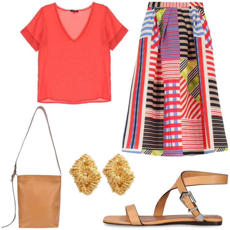 Outfit donna - Gonnellone super colorato. Stile Glamour per Tutti i giorni. Abbinamento con t-shirt, gonne longuette, orecchini, sandali in pelle, borse a secchiello.