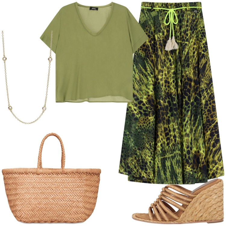 Outfit donna - Verde e paglia. Stile Casual chic per Tutti i giorni. Abbinamento con espadrillas, collane, t-shirt, gonne lunghe, shopping bag.