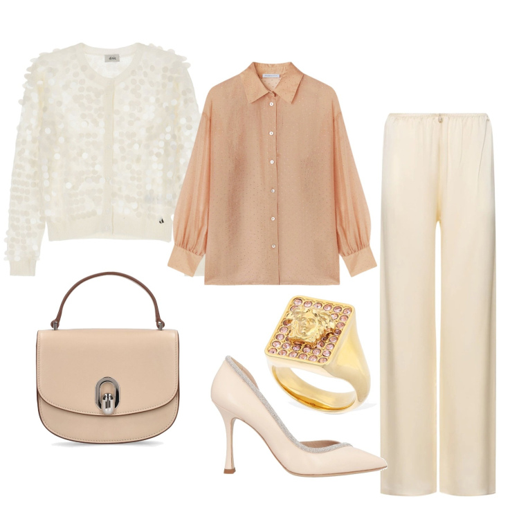 Outfit donna - Un tè in compagnia. Stile Chic per Tutti i giorni. Abbinamento con décolleté, cardigans, anelli, borse a mano, pantaloni, camicie.