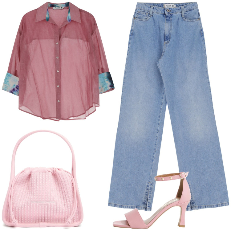Outfit donna - Raffinata in jeans. Stile Casual chic per Tutti i giorni. Abbinamento con camicie, jeans, sandali col tacco, borse a mano.