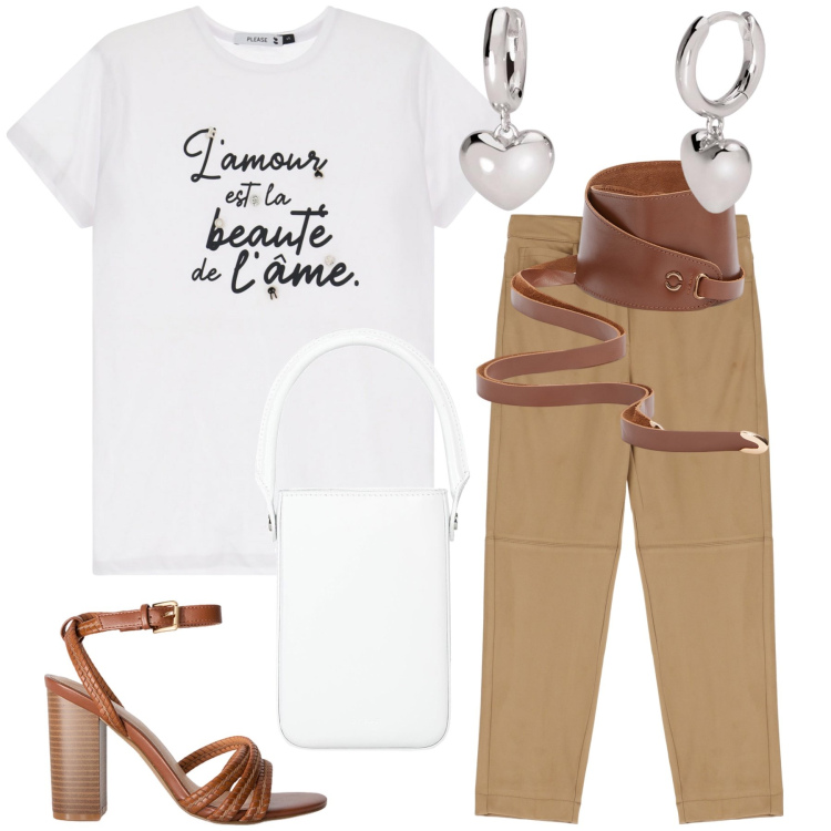 Outfit donna - W l amore. Stile Urban per Tutti i giorni. Abbinamento con borse a mano, orecchini, t-shirt, pantaloni chino, cinture, sandali col tacco.