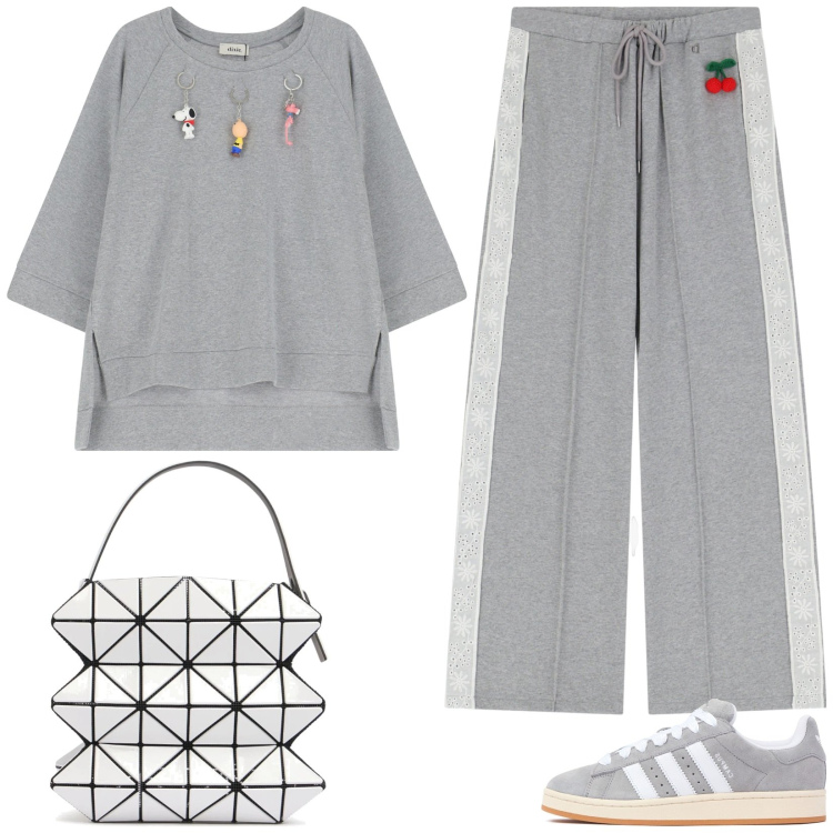 Outfit donna - Completo grigio sportivo. Stile Sporty chic per Tutti i giorni. Abbinamento con pantaloni sportivi, felpe, borse a mano, sneakers.