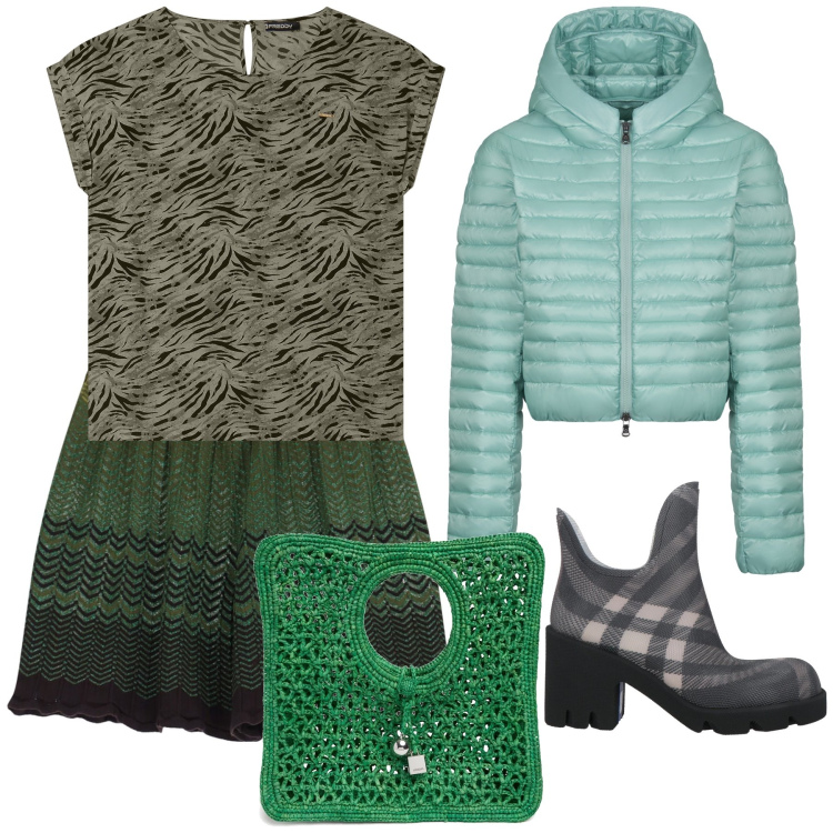 Outfit donna - Total look. Stile Urban per Tutti i giorni. Abbinamento con stivaletti, t-shirt, pantaloni corti, piumini, shopping bag.