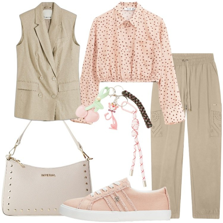 Outfit donna - Utility Soft. Stile Trendy per Tutti i giorni. Abbinamento con gilet, camicie, borse a spalla, pantaloni cargo, portachiavi, sneakers.