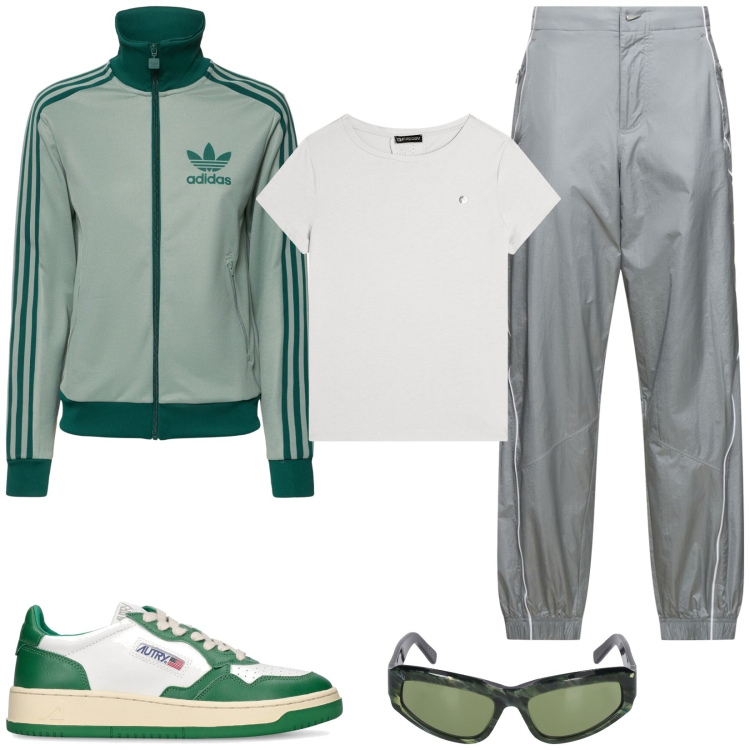 Outfit donna - Sport e tempo libero. Stile Casual per Tutti i giorni. Abbinamento con t-shirt, sneakers, occhiali da sole, top sportivi, pantaloni sportivi.