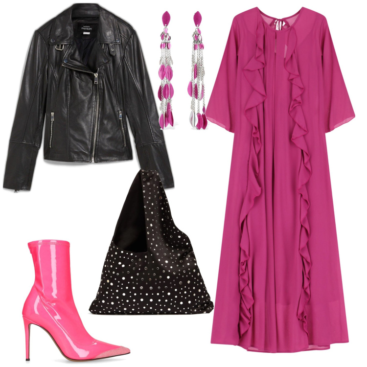 Outfit donna - Vai coi volants. Stile Glamour per Serata fuori. Abbinamento con blazer, vestiti lunghi, stivaletti, orecchini, borse a spalla.