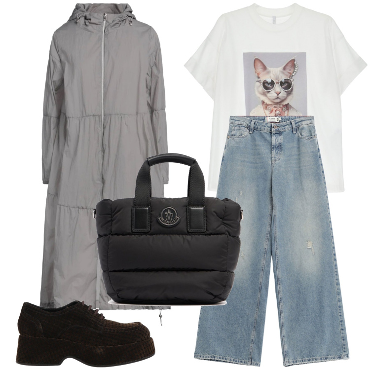 Outfit donna - Sotto la pioggia. Stile Casual chic per Tutti i giorni. Abbinamento con trench, scarpe stringate, jeans, t-shirt, shopping bag.