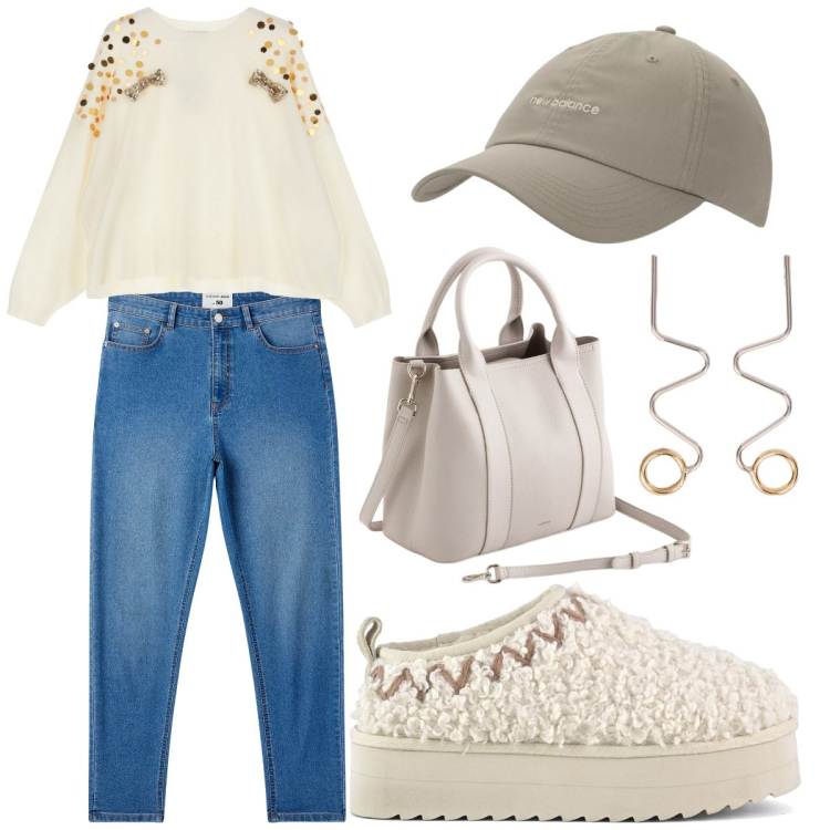 Outfit donna - Look pratico. Stile Casual chic per Serata fuori. Abbinamento con jeans skinny, cappelli, maglieria, sabot, orecchini, borse a mano.