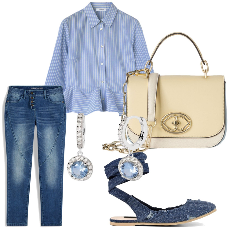 Outfit donna - Camicia a volant. Stile Glamour per Tutti i giorni. Abbinamento con jeans boyfriend, orecchini, ballerine, camicie, borse a tracolla.