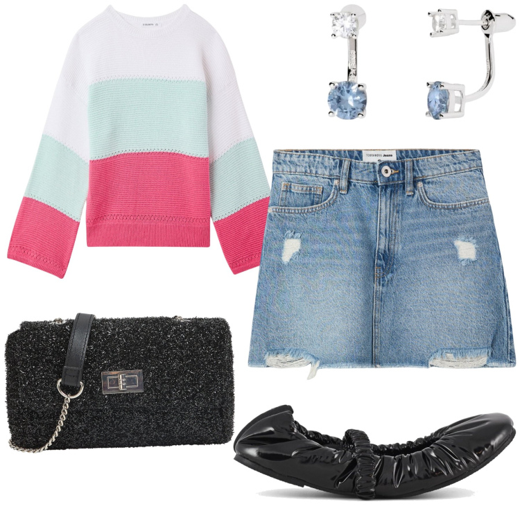 Outfit donna - W la mini. Stile Preppy per Tutti i giorni. Abbinamento con minigonne, maglieria, borse a tracolla, orecchini, ballerine.