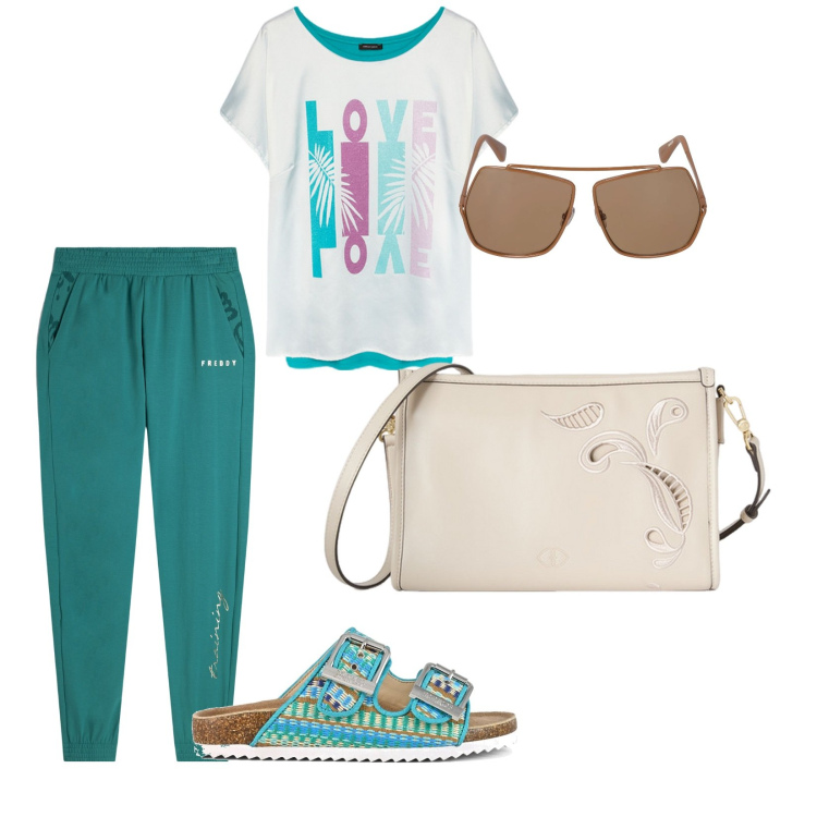 Outfit donna - Pronta per il campeggio. per Mare. Abbinamento con pantaloni, sandali, occhiali da sole, t-shirt, borse a tracolla.