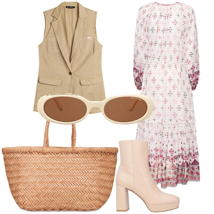 Outfit donna - Giornata boho. Stile Boho per Tutti i giorni. Abbinamento con stivaletti, gilet, occhiali da sole, vestiti midi/longuette, shopping bag.