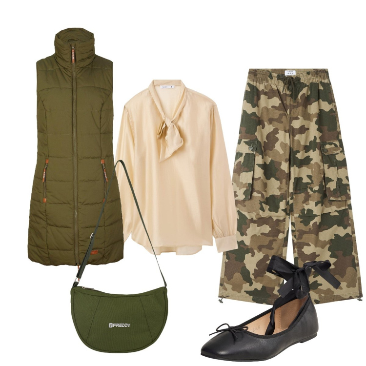 Outfit donna - Un tocco di femminilità. Stile Minimal per Tutti i giorni. Abbinamento con gilet, bluse, pantaloni cargo, ballerine, borse a spalla.