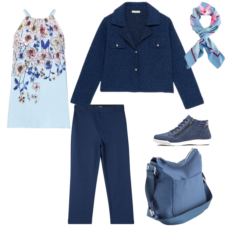 Outfit donna - Incontro con amiche. Stile Basic per Tutti i giorni. Abbinamento con top, sneakers alte, pantaloni chino, blazer, borse a tracolla, foulard.