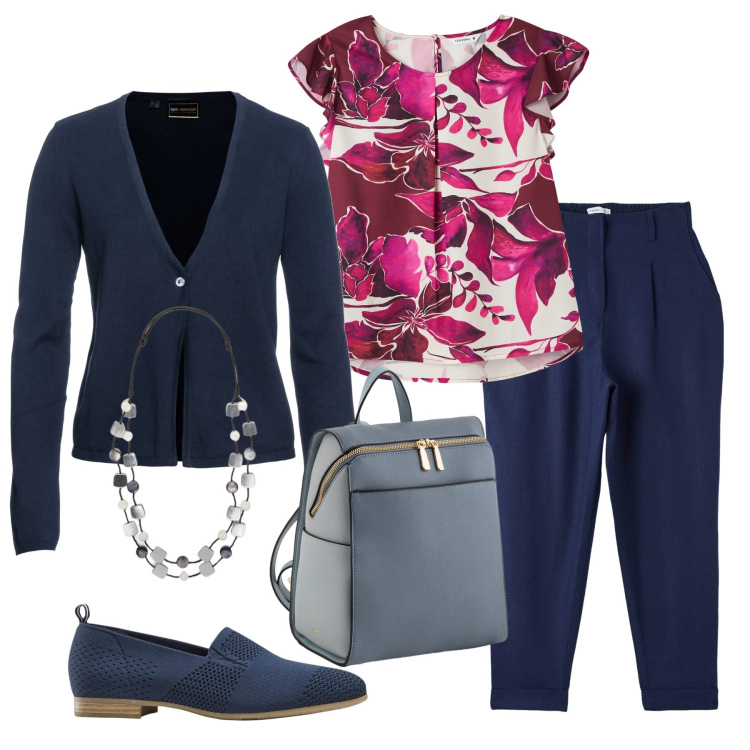 Outfit donna - Total look #2102716. Stile Casual chic per Ufficio. Abbinamento con cardigans, mocassini, bluse, pantaloni chino, collane, zaini.