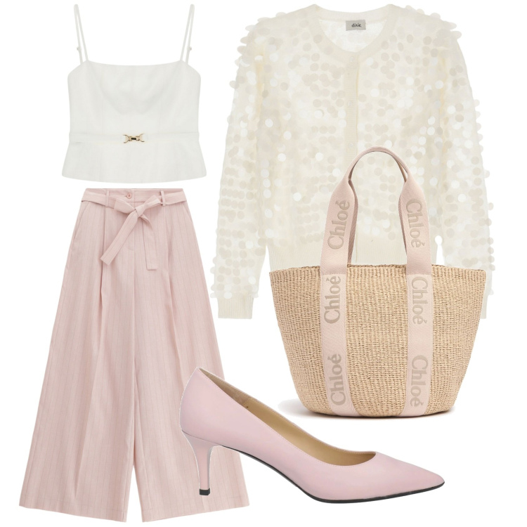 Outfit donna - Pantapalazzo rosa. Stile Casual chic per Serata fuori. Abbinamento con décolleté, top, pantaloni, cardigans, shopping bag.