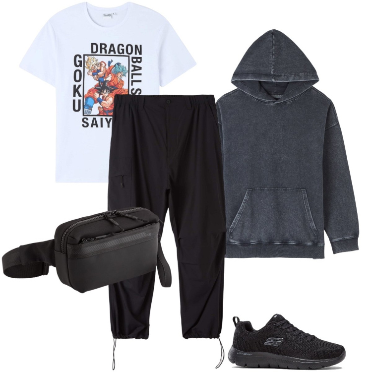Outfit uomo - Con Dragon Balls. Stile Trendy per Tutti i giorni. Abbinamento con sneakers, pantaloni cargo, felpe con cappuccio, t-shirt, borse sportive.