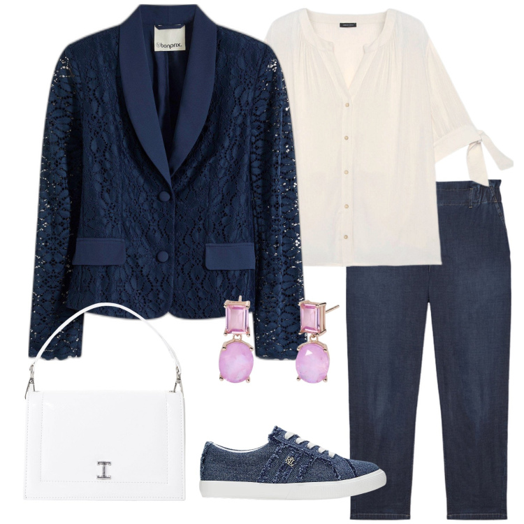 Outfit donna - Bianco e blu pizzo. Stile Chic per Tutti i giorni. Abbinamento con blazer, orecchini, borse a tracolla, sneakers, camicie, jeans.
