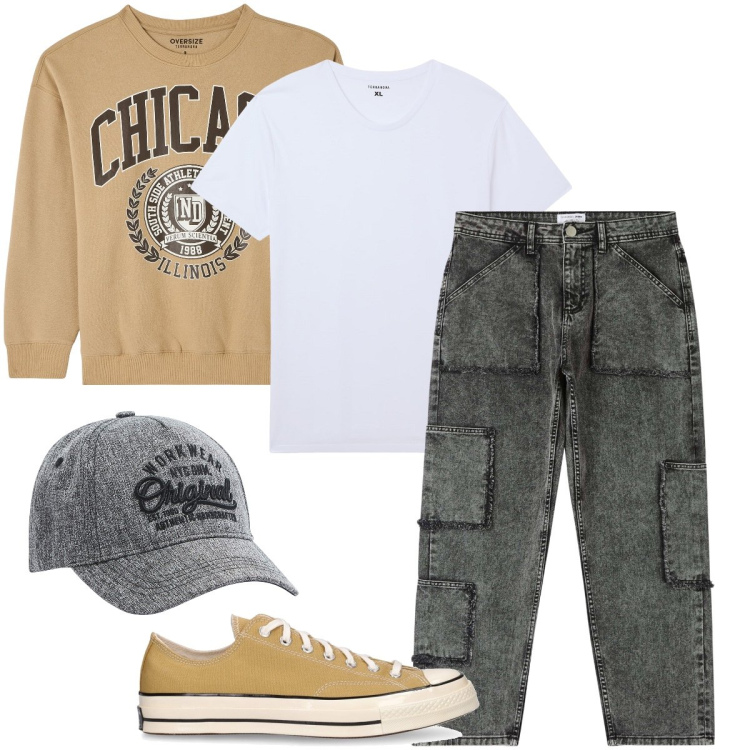 Outfit uomo - Il jeans cargo. Stile Urban per Tutti i giorni. Abbinamento con t-shirt, cappelli, jeans, felpe, sneakers.