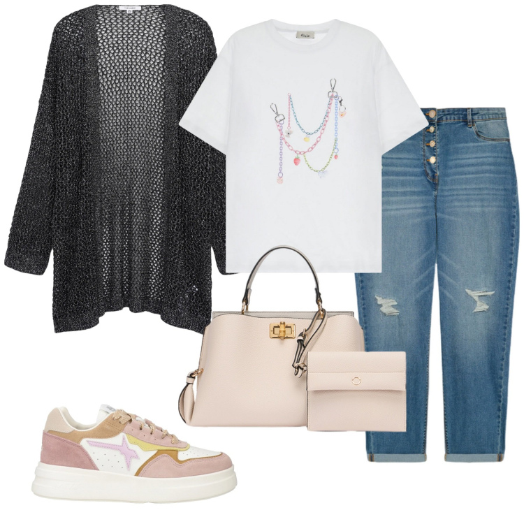 Outfit donna - Total look #2102730. Stile Basic per Tutti i giorni. Abbinamento con sneakers, kimono, t-shirt, jeans strappati, borse a mano.