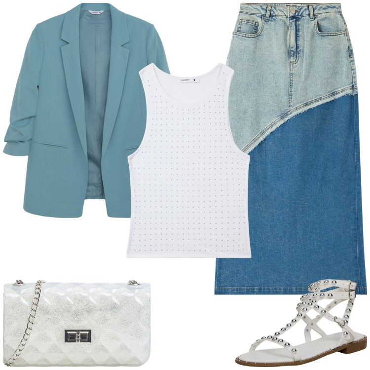 Outfit donna - Look Terranova. Stile Casual chic per Tutti i giorni. Abbinamento con gonne lunghe, borse a tracolla, top, sandali, blazer.
