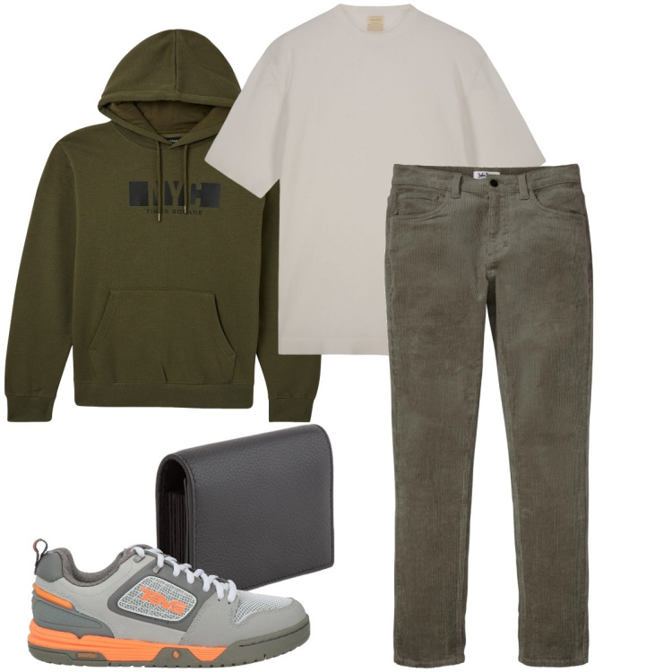 Outfit uomo - La felpa verde. Stile Urban per Tutti i giorni. Abbinamento con pantaloni, sneakers, felpe con cappuccio, t-shirt, portafogli.